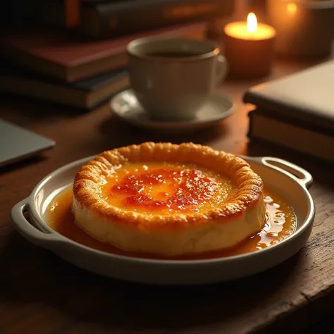 A vibrant digital art of a beautifully caramelized crab brûlée served on a rustic wooden table, with golden crust glowing under warm studio lighting, surrounded by focus-enhancing productivity items like books and a laptop, warm tone, narrow depth of field...