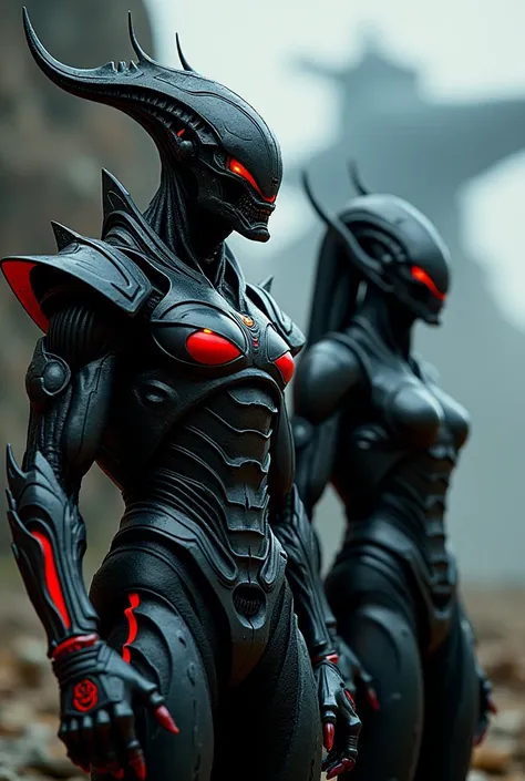 Depict a Mazarek alien standing beside a Maitres alien, both wearing advanced, intimidating battle armor. The armor is dark, metallic, and sharp, with glowing red accents. The Mazarek alien’s face is demonic, with sharp features and glowing eyes. Both alie...