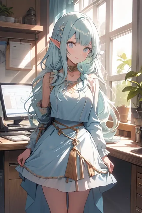 Green haired woman in blue outfit standing in front of stained glass, (light smile), [[[blue outfit]]], (((blue and white outfit))), (((long skirt))),  (((silky dress))), ((dynamic pose)), [Jewelry on the chest], ((Brue jewelry)),  1girl, [solo], [defRiver...