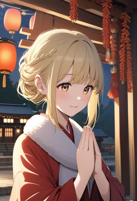 Beautiful blonde girl in praying at a shrine on New Years Eve