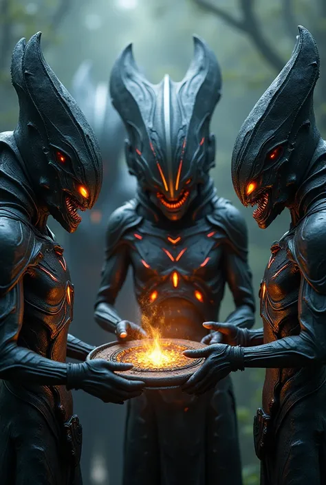 Visualize a group of Mazarek aliens gathered around a mysterious, high-tech alien artifact. Each alien is dressed in futuristic, dark armor with glowing lines and intricate designs. The armor should look highly advanced, offering both protection and mobili...