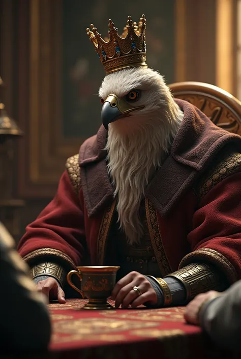 Hyperrealistic HUMANOID with an eagle head with a crown and kings clothes talking to a man holding a cup resting his arm on the table.  4K HDR with lots of details .  The humanoid is extremely muscular and strong. volumetric light, rtx reflections, Increas...