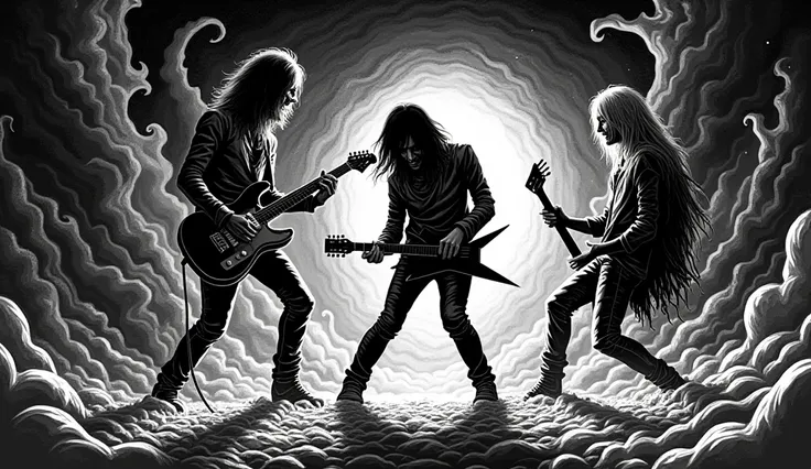 Create black and white art, a blues rock band, create something that is psychedelic and heavy