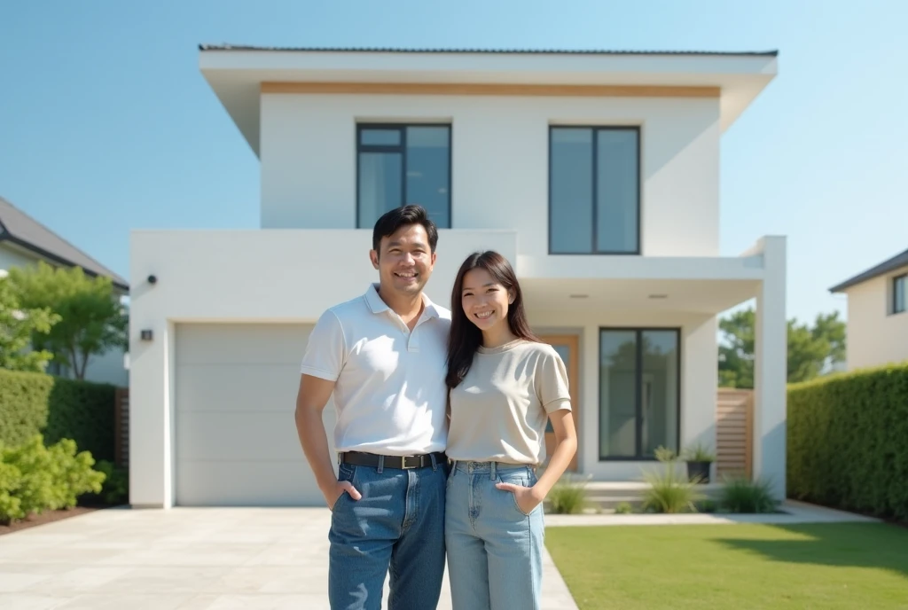 "A realistic photograph of a Japanese couple standing in front of their newly built house, smiling warmly. The house features a modern design with clean lines and a welcoming entrance. The couple appears proud and happy, dressed casually but neatly, with t...