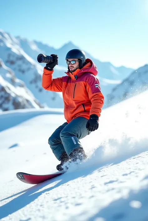 Create a picture of a man taking a photo while snowboarding 