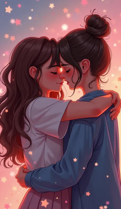 two girlfriends ,  a brunette with wavy hair {x} a chestnut with a bun and curly hair,  the other brunette with wavy hair ,  hugging each other ,  you cant see their faces . friendship.  Background with stars and colors 
