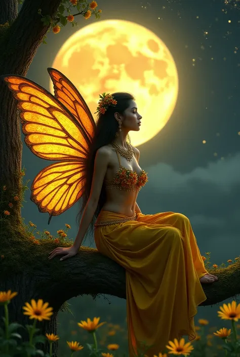 create hyper realistic image of a fantasy scene featuring a Horny Busty Hindu fairy with glowing wings, Big Breast, Navel, Blouse and long petticoat, sitting on a mossy Tree in a night setting with vibrant Yellow flowers arround. The character has a floral...