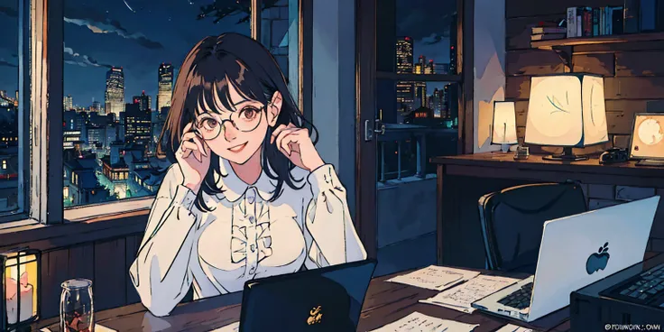 Girl, dark hair, glasses, smiling, revealing attire, night, beautiful woman in her 20s, sitting by window at computer.