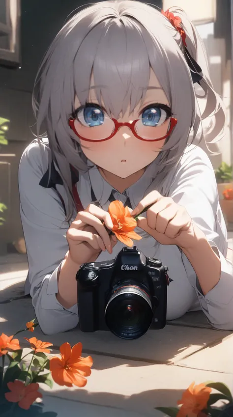 1 girl,  Grey Hair,   blue eyes, side ponytail, red rimmed glasses、Hold the camera、prone、A flower in front of me、miniskirt、