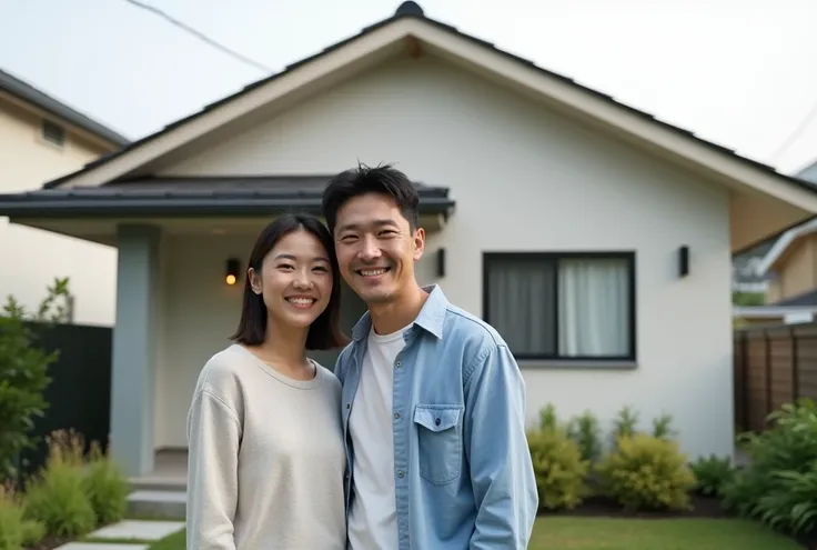 "A realistic photograph of a Japanese couple standing in front of a modestly sized, newly built house with a simple yet modern design. The house features clean lines, neutral colors, and a small, well-maintained garden. The couple is smiling warmly, dresse...