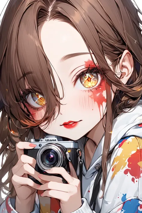  1 girl, solo,  long hair, とても long hair, とても long hair, Brown Hair,  deformed cheek dye,  red lips,  Sparkling Eyes,  heavy makeup ,  golden eyes, かぶっているフード,  hoodie、camera，cameraマン、cameraを持つ、口元にcamera