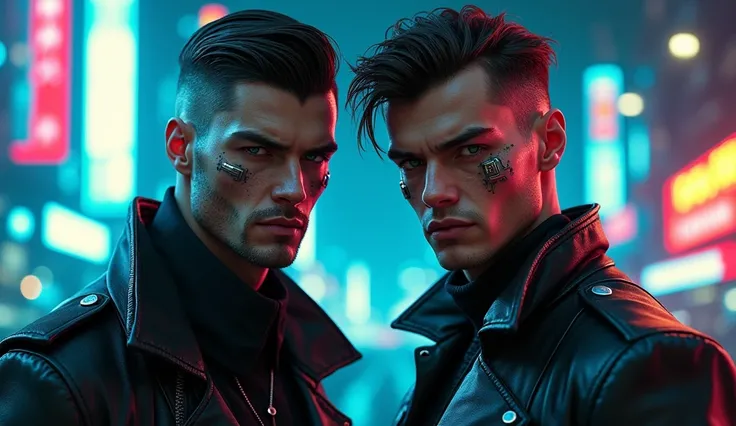 Two handsome guys，Cyberpunk faces forward