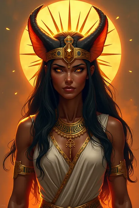  Sekhmet would be a tall and muscular woman ,  with a human face with strong features : defined chin,  tall cheekbones and intense golden eyes.  Her hair would be long and dark ,  with a golden sun crown and curved horns .  She would wear light linen armor...