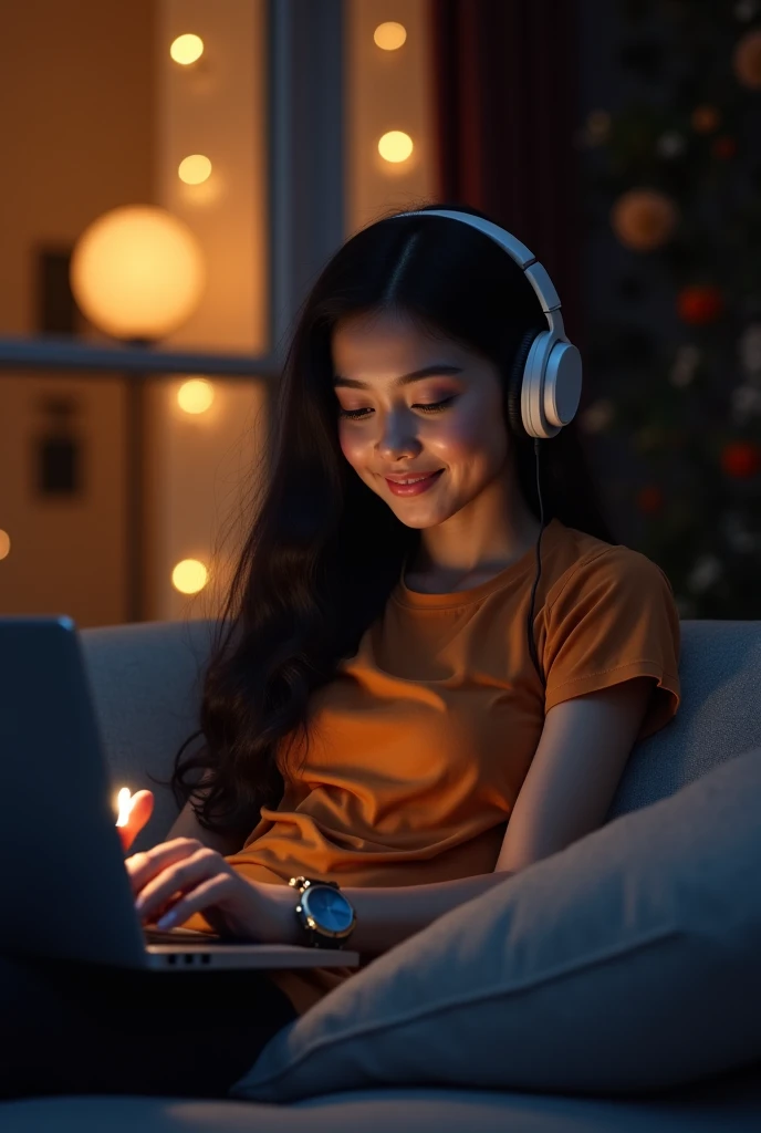 A beautiful girl with long black hair thin smile sitting on a sofa on the porch of the house wearing a matching ash casual dress with pants wearing a watch lying on a long sofa while listening to big hedsed music head-on while opening a laptop fulhd high r...