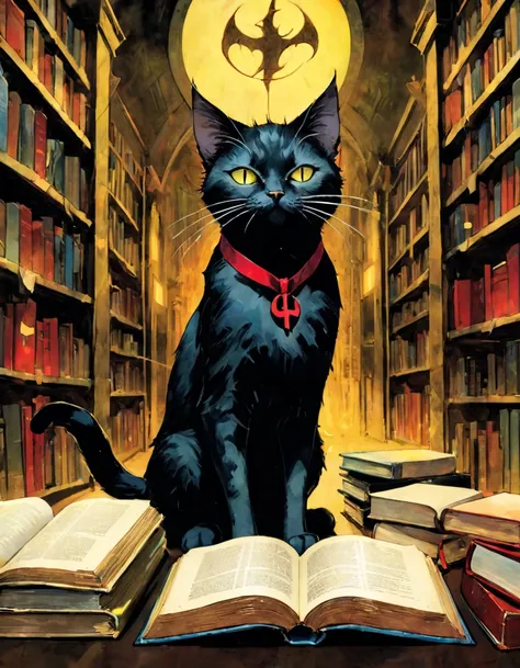 A cat in the satanic library, art inspired by Bill Sienkiewicz and Dave McKean
