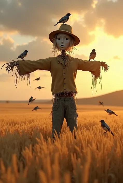 In a vast field of golden wheat, a solitary scarecrow stands motionless at dusk. His worn and frozen body, composed of old torn fabrics and faded rags, hangs limply in the soft and melancholic wind. His roughly sewn burlap head displays a vacant but strang...