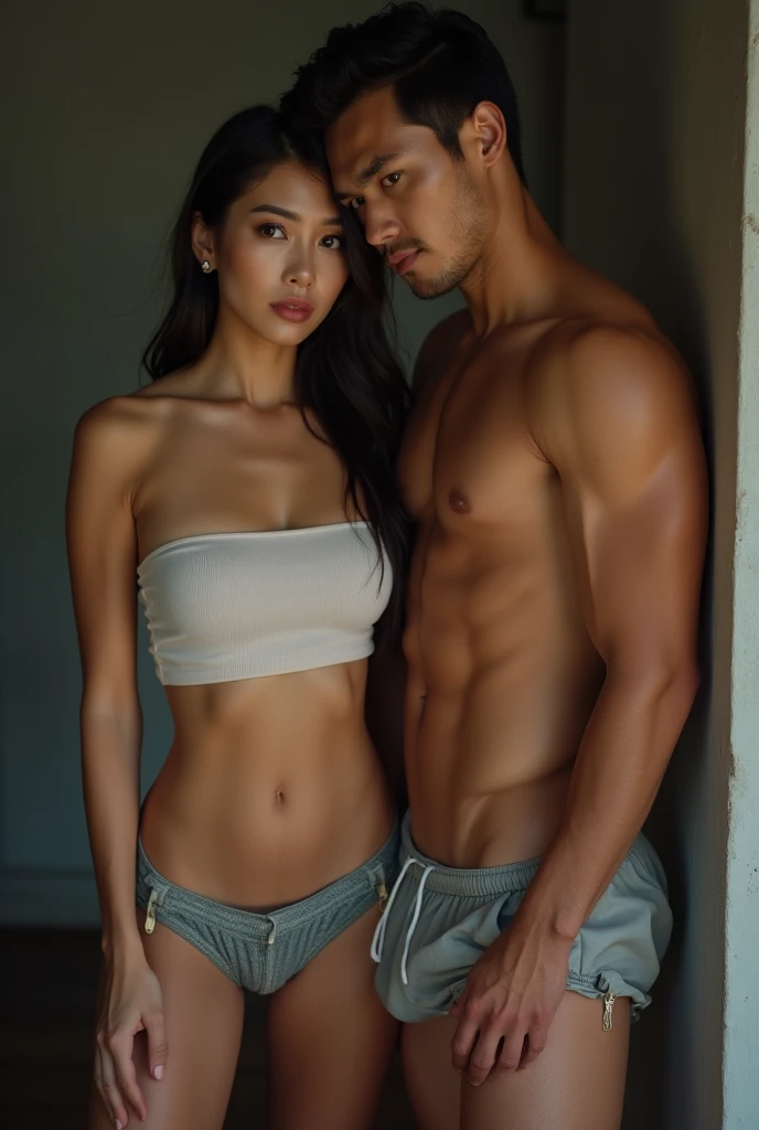  Full body photo, 8K images 25 years old Korean woman put on cloth covering the breasts , with adult  Vietnamese man , hot man, insanely handsome, showing off his sweaty body, very sixpack muscular body build, slender, toned, full body, 8k, photography, ma...