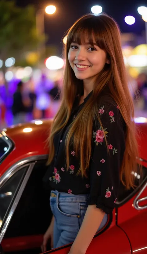 Mssterpiece, Real shot. Full body shot, wide angle view, A lively scene at a car event, where a smiling young gorgeous woman 18 yrs. with long reddish brown hair with bangs poses leisurely beside a vintage 1969 porsche. Her outfit is a black shirt with col...