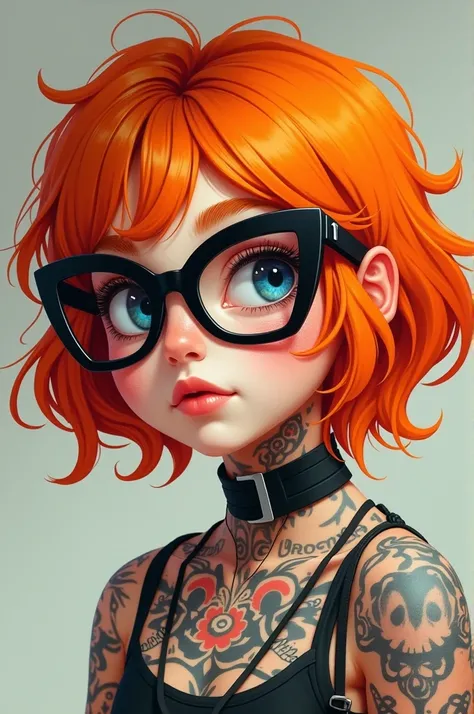 a young girl with orange hair and tattoos, with glasses on his face*