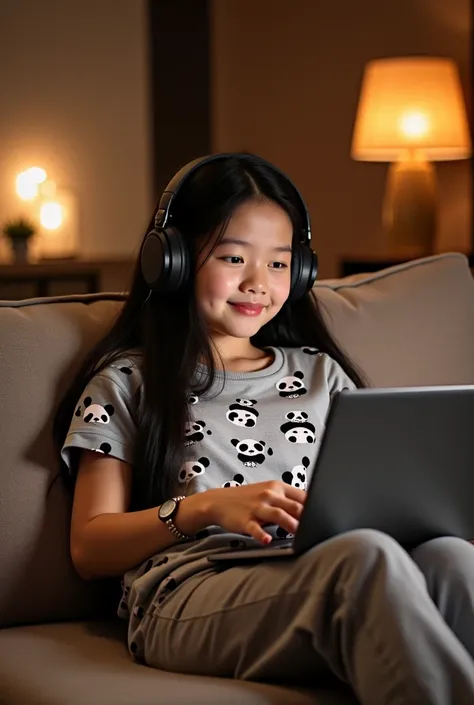 A beautiful girl with long black hair thin smile sitting on a sofa in a luxurious room patterned panda wearing a matching gray casual dress with watch pants lying on a long couch while listening to big hedsed music head-on while opening a laptop fulhd high...