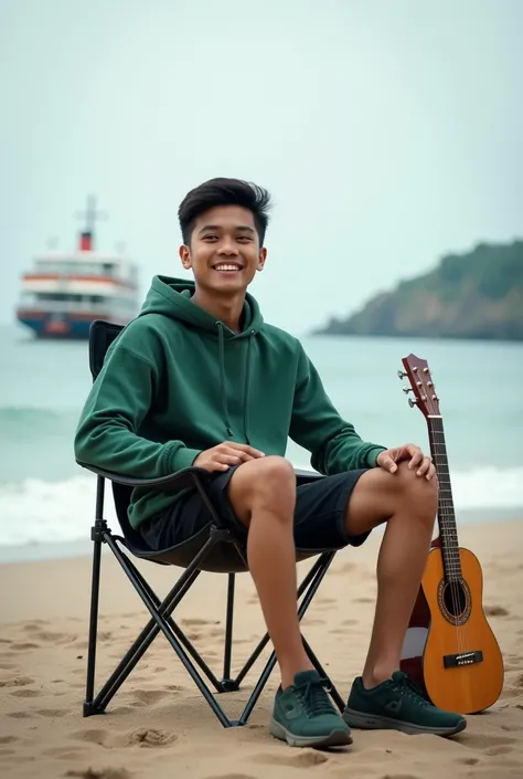 Indonesian man, 20 years . Wearing a green hoodie. Wearing black shorts, wearing sneakers. Sitting relaxed on a folding chair on the beach. Face smiling facing the camera. And there is a guitar standing next to him. From a distance, a large ship and a fish...