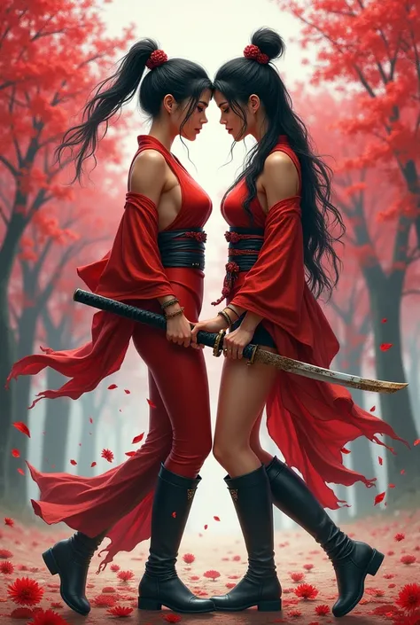 You are a realistic painter and comic book artist, generate for me an image of two very sexy and very beautiful warriors with big breasts dressed in traditional Japanese kimonos, shattered and broken, very tight and short, letting you see without seeing th...