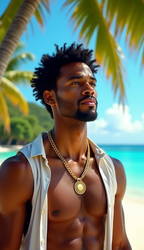 A 32 years old American Man, wearing a sleeveless shirt, golden necklace, curly hair, in an island 