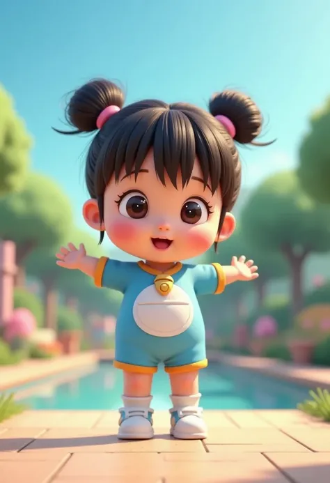 ((picture taken from the front))
((picture taken from the front))
become doraemon, doraemon face, cute and adorable with her hair into two buns on top and bangs, doraemon body suit ((doraemon in japanese manga anime series))