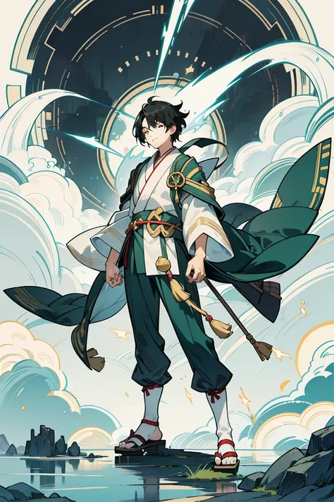  Character Design , men,impatient ,storm,wind,green, black hair,Japan,ancient,Age 16,Full body