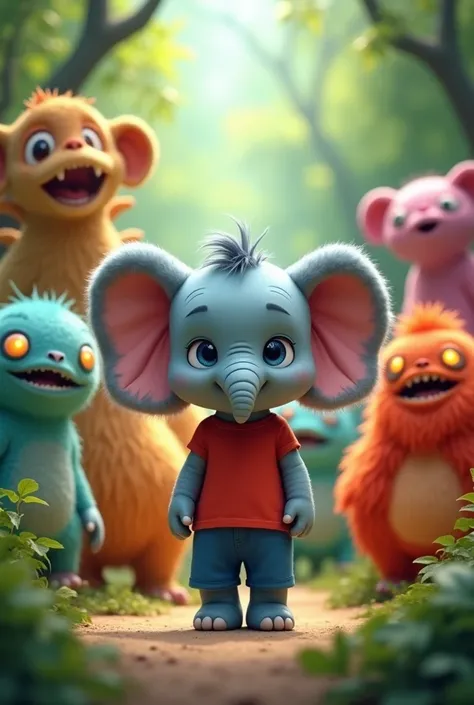 A group of colorful, whimsical monsters, large and friendly-looking, with glowing eyes, are approaching Bobo the baby elephant. Bobo stands confidently in front of them, wearing his red t-shirt and blue shorts, with his large, fluffy mane and big blue eyes...