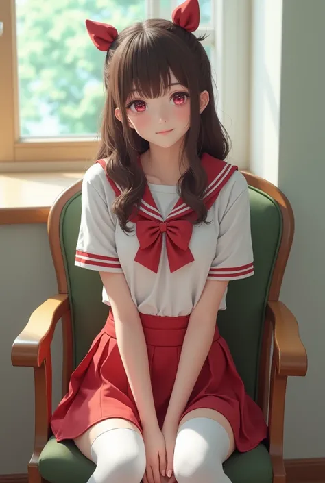 there is a woman in a cheer uniform sitting on a chair, a picture by Wayne England, tumblr, pop art, playful and cheerful, sakimichan hdri, low quality video, dressed as schoolgirl, anime barbie in white stockings, a hyperrealistic schoolgirl, cheeryblosso...