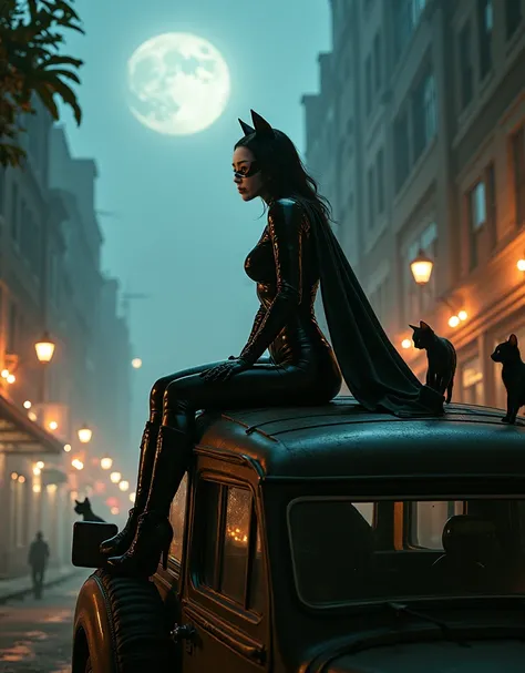 cat woman sitting top of the truck, Action scene, film style, surrealistic, with several Black cats. they are in an City at night with cinematic lighting, Moon in the background, fairytale concept, magical bokeh, depth of field, perfect facial features, pe...