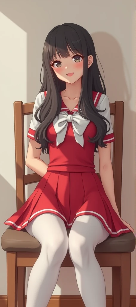 there is a woman in a cheer uniform sitting on a chair, a picture by Wayne England, tumblr, pop art, playful and cheerful, sakimichan hdri, low quality video, dressed as schoolgirl, anime barbie in white stockings, a hyperrealistic schoolgirl, cheeryblosso...