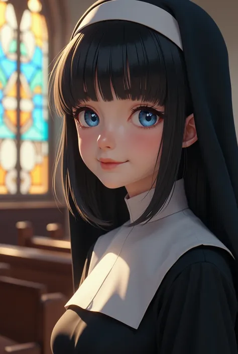 ((Top Quality)), ((Excellent)), (Detailed), ((Japanese)), Ultra-Realistic, Stunning Environment, Vivid Colors, Dark Hair, (ish Face), ((Sister)), ((Church)), ((Chapel)), ((Wimple)), ((Blue Eyes)), Half-Smile, ((Scapular)), ((Nuns Veil)), Shiny Hair, Blunt ...