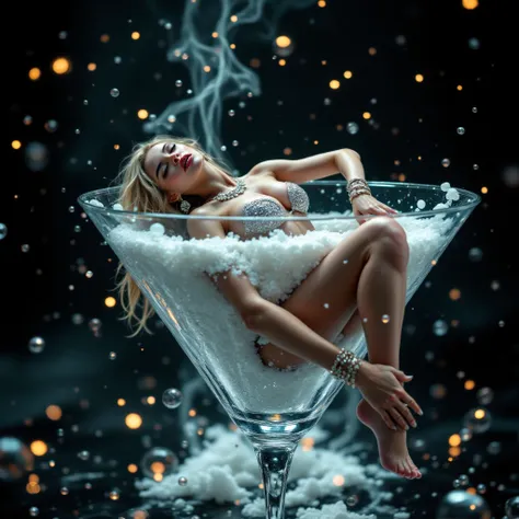 " An elegant blonde woman lies in an oversized,  luxurious glass in the shape of a martini glass ,  filled with foaming water .  She looks seductively at the camera. She is wearing a glamorous ,  sparkling bikini with sparkly jewelry and poses in a sophist...