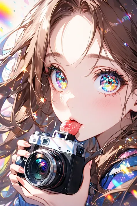  1 girl, alone,  long hair,  high definition ,  look, Brown Hair,  very long hair,  glitter effect , Licking your lips,  big sparkling eyes,  long eyelashes, Sparkling Eyes,  hoodie,camera,Character portrait,  displayed sideways,  dutch angle, Food, Hold t...