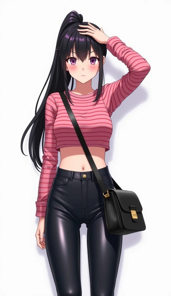 Japanese anime teen woman with long black hair, a ponytail with locks and purple eyes, and wears a long sleeve crop top with horizontal red and pink stripes., combined with tight pants made of material similar to leather or shiny black vinyl with black lea...