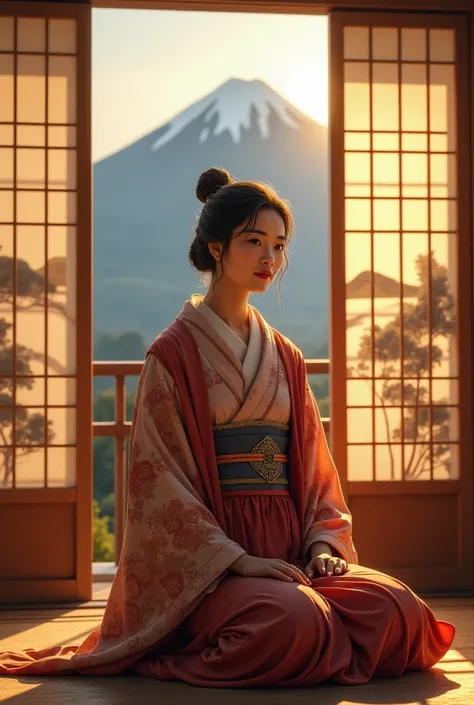 Create a portrait of Fujianti Utami Putri, with a face closely resembling her true features, sitting in a traditional Japanese room. She is dressed in an elegant kimono, with a calm and wise expression, her dark eyes conveying a deep understanding. The roo...