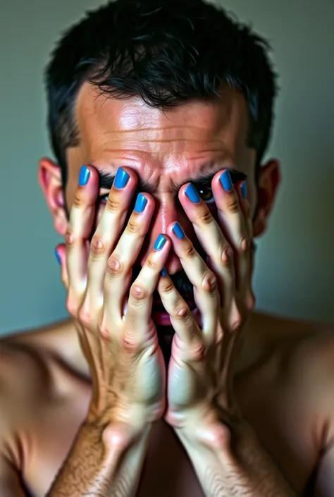 there is a man that is covering his face with his hands, a picture by Benjamin Marra, tumblr, hyperrealism, very very low quality picture, hands on face, holding his hands up to his face, distorted photo, low quality photograph, holding it out to the camer...