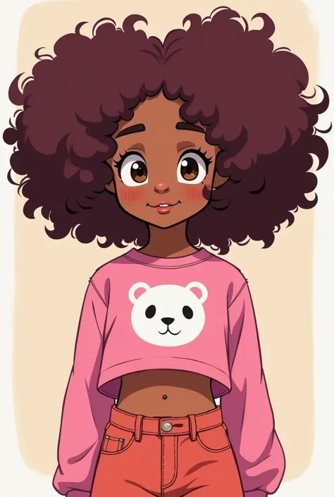 I would like a young brown girl, with big burgundy hair , with pink clothing style ,  a pink cropped with a very minimalist little bear design,  dark brown eyes , An anime cartoon  