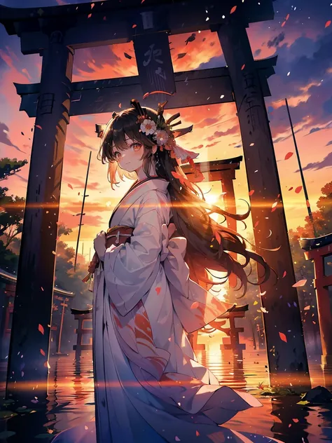 ((masterpiece:1.2)), (( top quality :1.2)), The sun rises above the horizon, (A woman stands in the morning light in front of the torii gate of a shrine:1.5),  long hair that flutters in the wind , Turn around with a smile, Bathed in light, (whole body, fr...