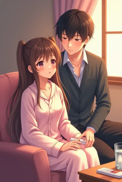 anime、 characters、 girl 、Fever、Having a cold、In pajamas、 Sitting on a Chair 、Medicine and a glass of water on the table、Handsome Asian Japanese man in a suit 