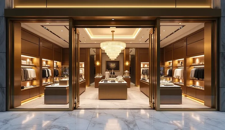 "Create an image of an elegant and luxurious 5-star retail shop. The exterior should feature modern architecture with sleek glass windows and polished marble floors, reflecting a high-end shopping experience. The entrance should be grand, with golden accen...