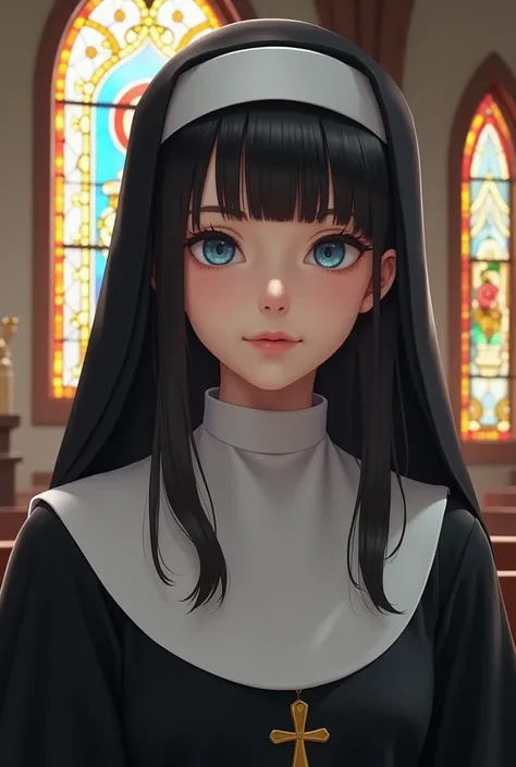 ((Top Quality)), ((Excellent)), (Detailed), ((Japanese)), Ultra-Realistic, Stunning Environment, Vivid Colors, Dark Hair, (ish Face), ((Sister)), ((Church)), ((Chapel)), ((Wimple)), ((Blue Eyes)), Half-Smile, ((Scapular)), ((Nuns Veil)), Shiny Hair, Blunt ...