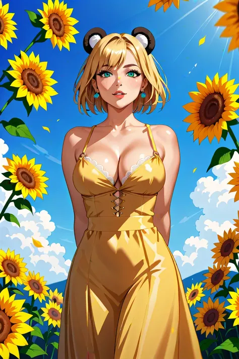 tmasterpiece， high high quality， cinematic Film still from， one-girl，Golden hair，Sunflowers are worn on the head， floating in sky， Cloud Girl， Clouds， （closeup cleavage： 1.1）， brightly， cheerfulness， intriguing， gentlesoftlighting， （bauhause， Shape， linewo...