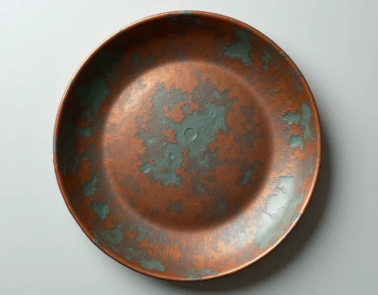 A copper plate with raised patina