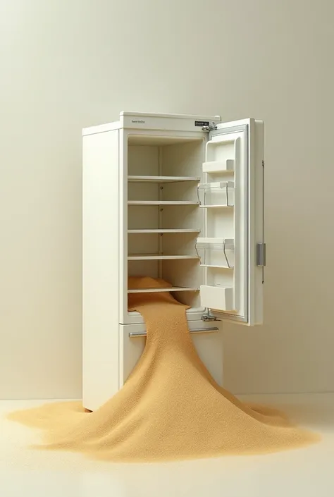  Create an image of an open refrigerator with sand in it( the fridge must be vertical )