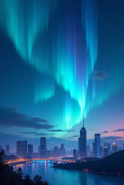 Create a image of the Aurora Borealis featuring red, blue, and green colors, with a focus on blue auroras, and include a nighttime setting with the moon and stars in the sky in the mordern City 