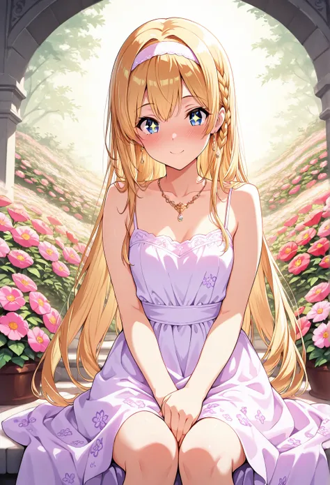 masterpiece, best quality, stunning detail, 1girl, dress, elegant, solo, necklace, floral pattern, braided hair, petite frame, sparkling eyes, hairband, cheerful smile, flowing hair, soft lighting, golden hair, natural blush, sitting, arms crossed, flower ...