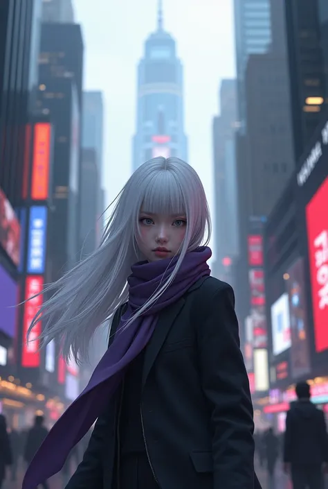 Im standing in the city with long white hair and a grayish purple scarf